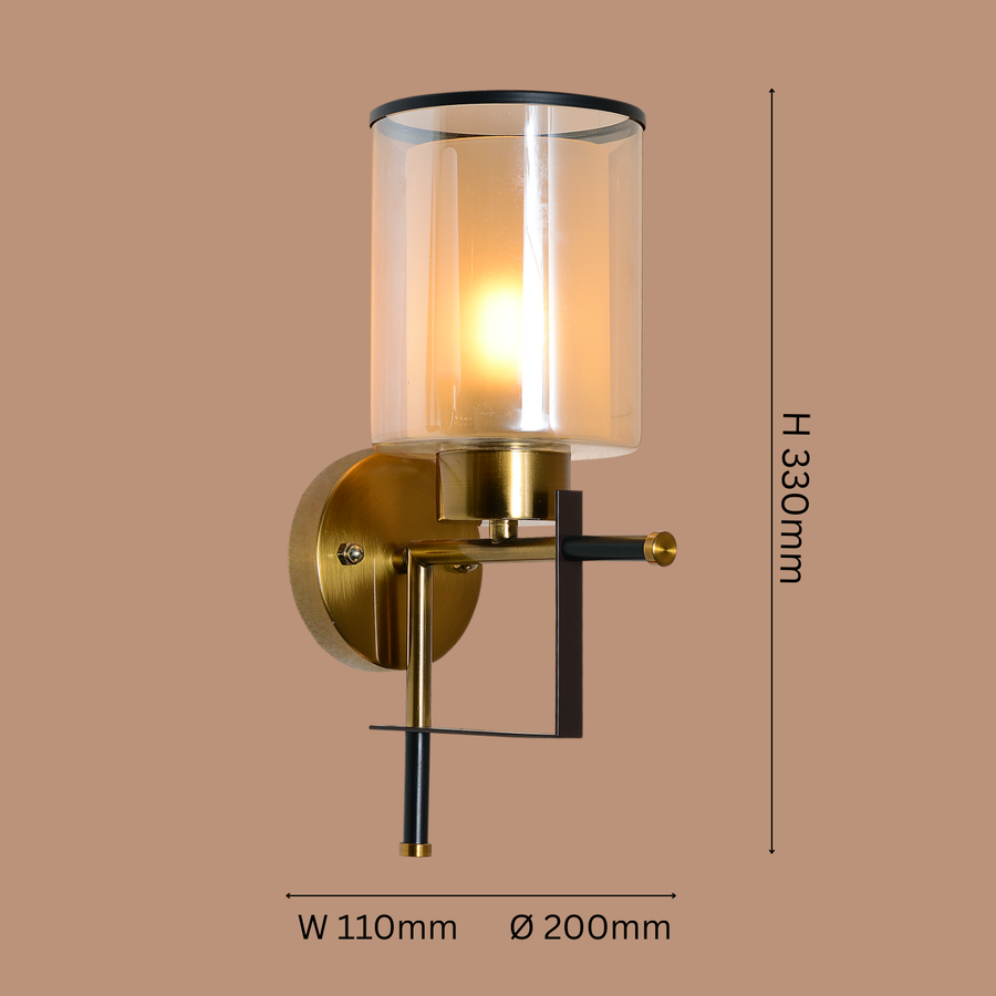 Gold & Black Frame Wall Light with Amber Glass Shade